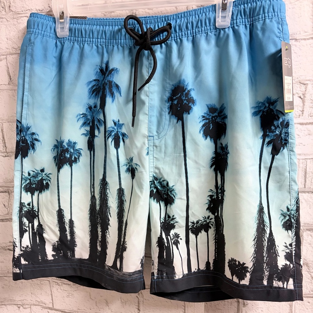 Men's Blue Ombre Palm-Print Swim Board Shorts NWT